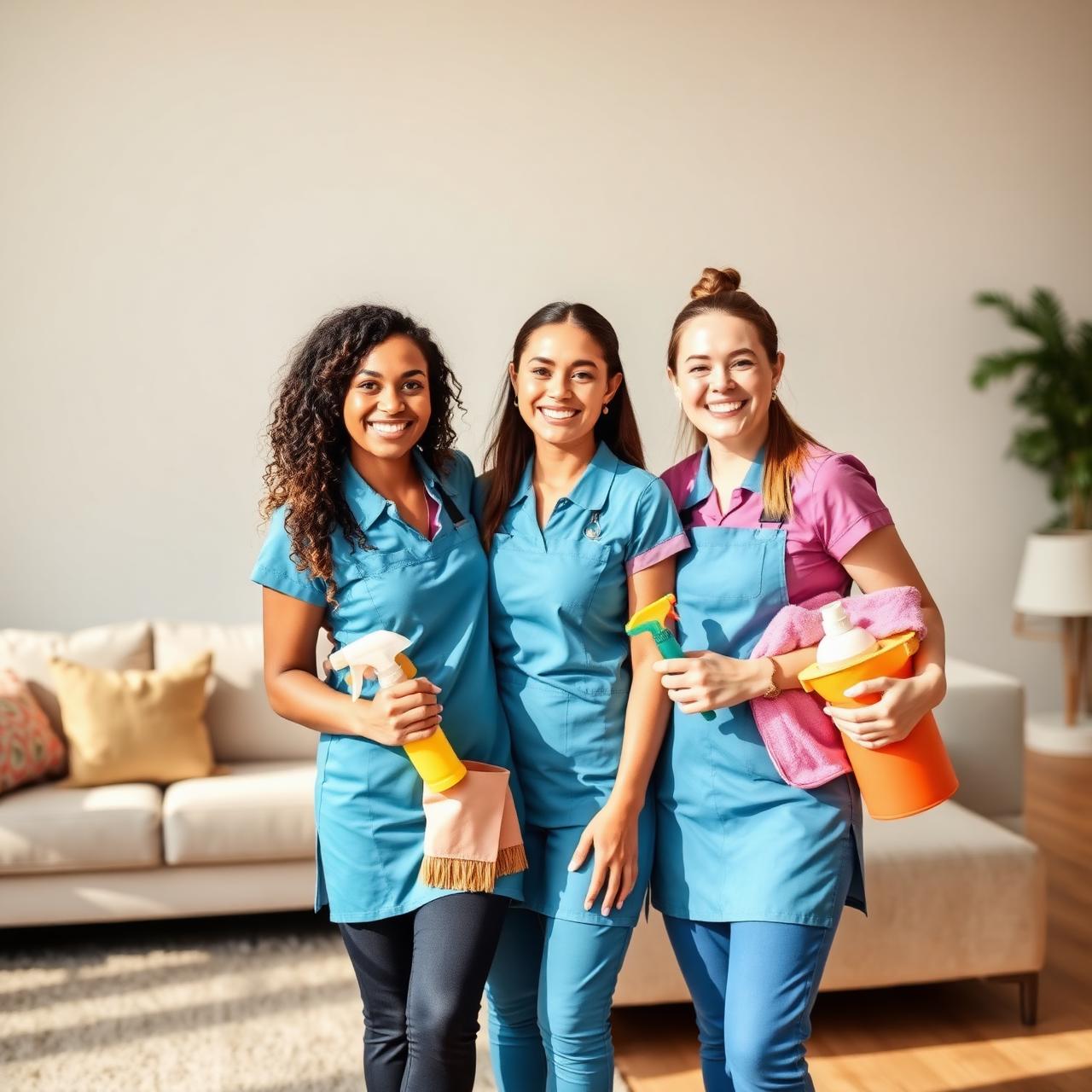 CrimsonClean professional cleaning team smiling in a bright living room